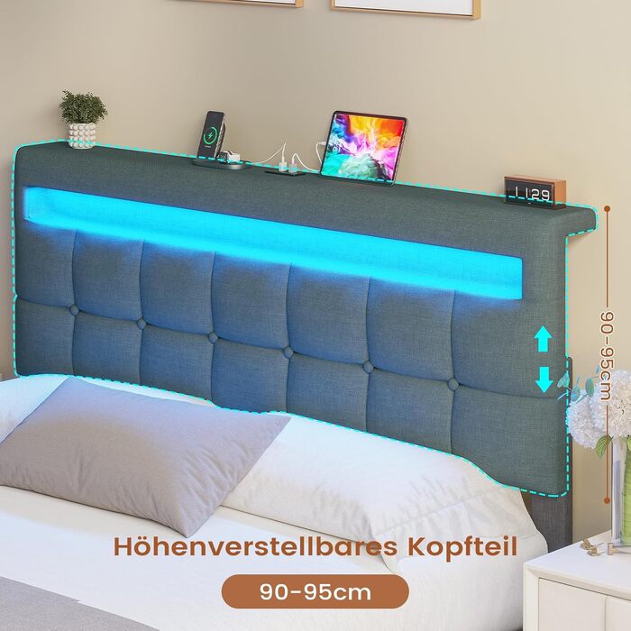 М&39яке ліжко AOGLLATI 140 x 200 зі світлодіодним освітленням та зарядною станцією, каркас ліжка з регульованим по висоті узголів&39ям та місцем для зберігання, гідравлічне ліжко 140 x 200 см, рейкова основа, льон, без матраца, темно-сірий 140 x 200 см те