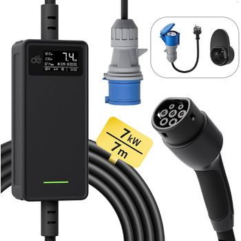 Зарядний кабель тип 2 CEE штекер 7.4кВт 1-фазний7м6-32А з регульованою потужністю зарядки, зарядний пристрій для електромобілів та
