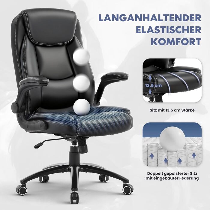 Ергономічне офісне крісло COLAMY, поворотне на 360 крісло для керівника з відкидними підлокітниками, регульована спинка, висота та нахил, чорне