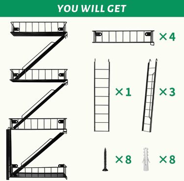 Полиця для пожежної сходи настінна плаваюча полиця Нью-Йорк металевий декоративний настінний органайзер драбина камінна книжкова полиця для вітальні (4 рівні)