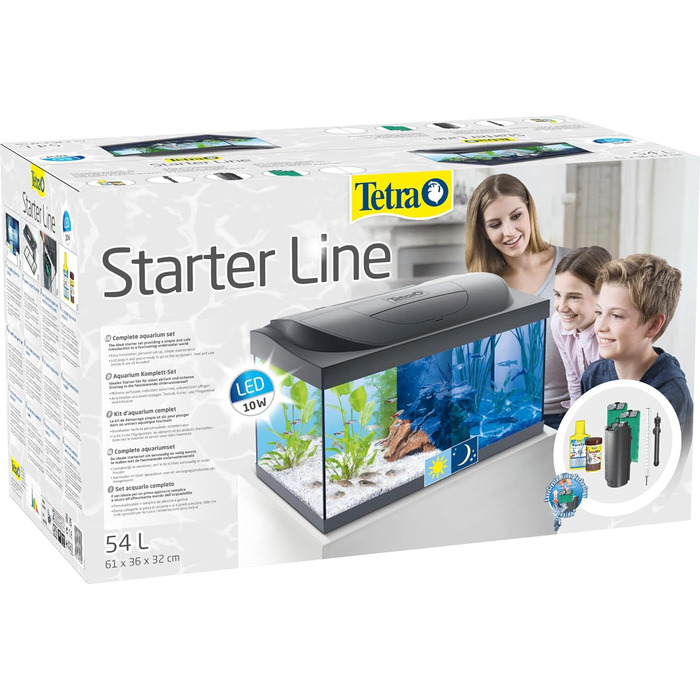 Комплектація акваріума Tetra Starter Line 54 л - в т.ч. денне і нічне світло, LED підсвічування, внутрішній фільтр, обігрівач, кондиціонер для корму для риб і води з денним і нічником 54 літри