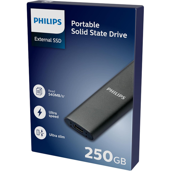 Зовнішній портативний SSD-накопичувач Philips на 250 ГБ - ультратонкий SATA Ultra Speed USB-C, швидкість читання до 540 МБ/с, алюміній