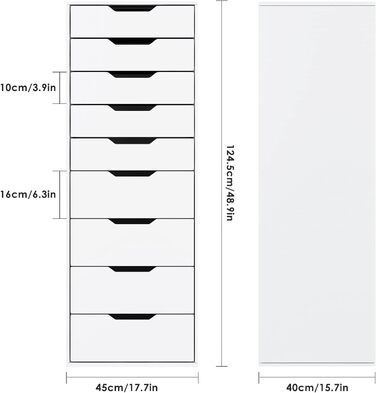 Білий комод з 9 шухлядами, вузький комод, високий комод для спальні, вітальні, офісу, коридору, 45 x 40 x 124 см