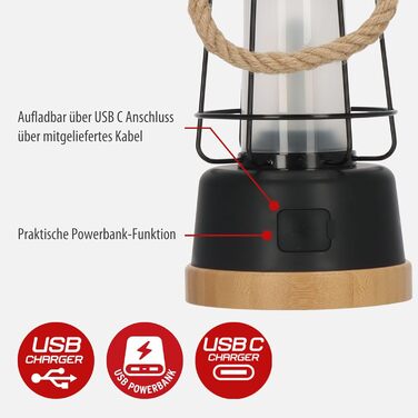 Світлодіодний акумуляторний кемпінговий ліхтар Brennenstuhl CAL 1 AC (350 лм, IP44, до 75 годин роботи, плавне регулювання яскравості, регульована колірна температура, акумуляторний вуличний ліхтар USB C з конопляним шнуром та бамбуковою основою)