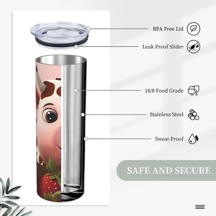 Кухоль з прямою трубочкою, дизайн корови та полуниця, друкований, дорожній кухоль, підходить для кемпінгу, офісу та дому, 590 мл