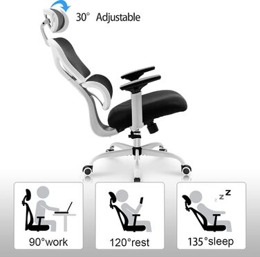 Офісний стілець KERDOM Ергономічне письмове крісло з регульованим підголівником, підлокітниками, поперековою опорою, проти болю в спині Офісний стілець Вантажопідйомність 150 кг/330 фунтів (білий) 9070 Білий