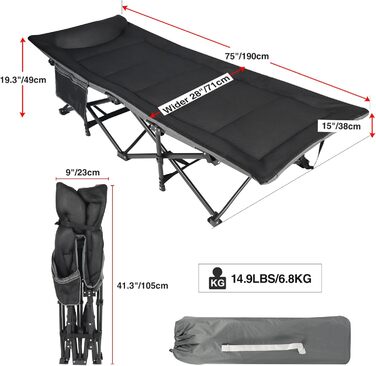Складане туристичне ліжко з наматрацником для дорослих, XXL 190 x 71 x 38 см, Складане туристичне ліжко з матрацом для кемпінгу, саду, використання в приміщенні та на вулиці, чорне