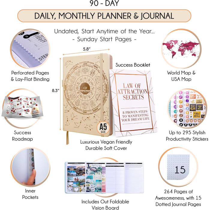 Щоденник прояву - 90-денна подорож до створення життя вашої мрії - особистий щоденник вдячності, щотижневий планувальник успіху, дошка візій та органайзер + наліпки для планувальника, без дати
