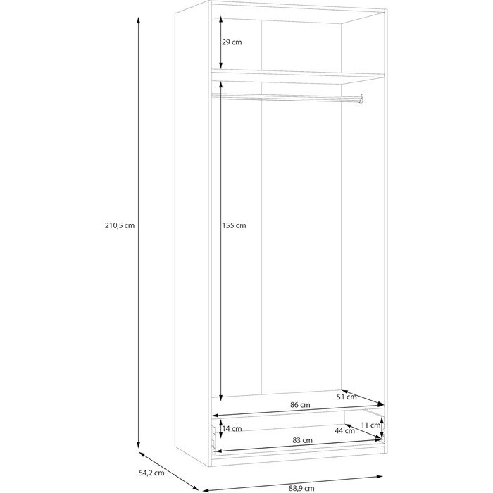 Гардероб Forte ECONOBOX 90, класична шафа з двома дверима-орнізаторами та 1 шухлядою, інженерна деревина, білий колір, ширина 88,9 см, висота 210,5 см, глибина 54,2 см. Білий матовий, 2-дверний з шухлядою.
