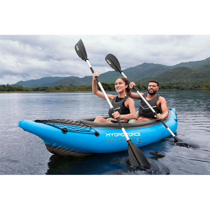 Каяк Bestway Hydro-Force Cove Champion X2 Надувний човен з ручним насосом, веслом, сидіннями, ластами та сумкою для зберігання Двомісний 331 x 88 x 45 см, синьо-сірий
