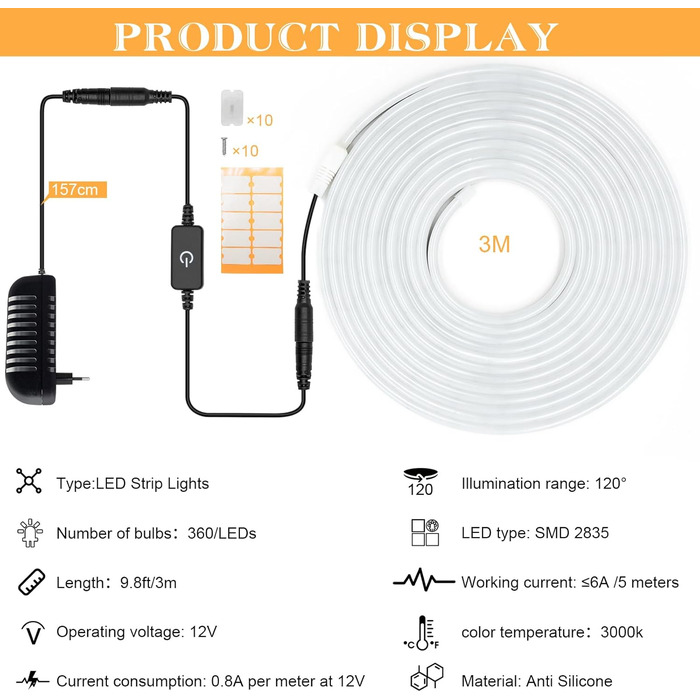 Світлодіодна стрічка теплого білого кольору, неонова світлодіодна стрічка 3M 12V з можливістю затемнення, світлодіодна стрічка 3000K, водонепроникна силіконова гнучка стрічка своїми руками IP65 з джерелом живлення та контролером для прикраси домашньої кух