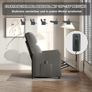 Крісло-реклайнер Devoko, крісло для телевізора з функцією відкидання, одномісне крісло-реклайнер, електричне крісло-реклайнер для вітальні, спальні, сірого кольору