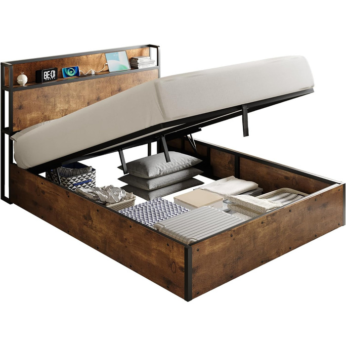 Ліжко з механізмом зберігання та підйому, ліжко-платформа з дерев&39яним узголів&39ям, відділеннями для зберігання та зарядною станцією, без матраца (коричневе, 140x200 см) Коричневий 140x200 см