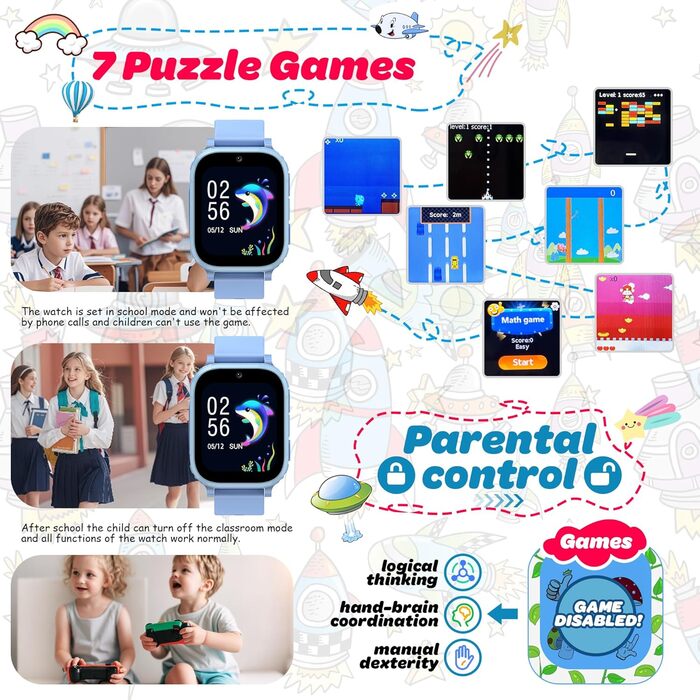 Дитячий смарт-годинник, дитячий смарт-годинник 4G з GPS та телефоном, дитячий годинник IP68, функція виклику, SOS, ігри, будильник, шкільний режим, SIM-телефон, смарт-годинник, подарунок для дівчаток та хлопчиків, синій-4G GPS