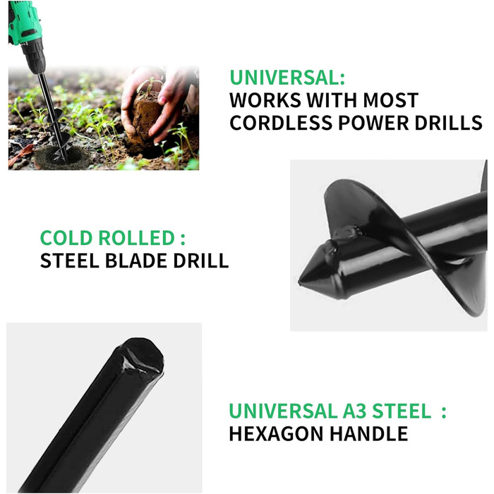 Акумуляторний бур для саду з рукавичками, спіральний бур для рослин та ґрунту для дриля/шуруповерта (10x60 см)