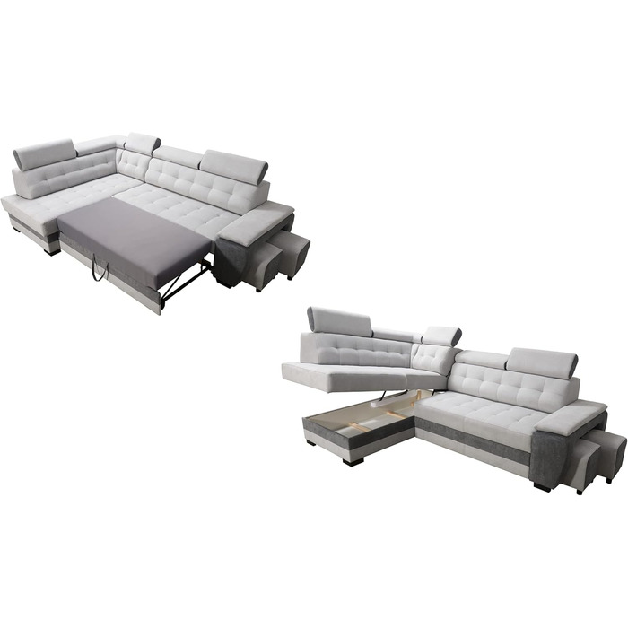 Кутовий диван Robin Inspire Grand з функцією сну, відділенням для зберігання речей, підголівниками, функцією відкидання спинки, 2 табурети, L-подібний диван, розкладний диван, окремостоячий кутовий диван, розкладний диван, меблі для вітальні, секційний ди