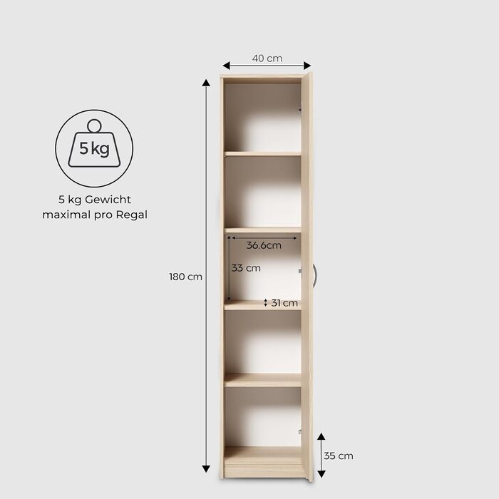 Домашня колекційна книжкова полиця, шафа-органайзер, Sonoma, ширина 40 см, висота 180 см, багатофункціональна шафа з 4 регульованими полицями, картотечна шафа, настінна полиця, вузька, дерев&39яна, спальня, передпокій, натуральний колір