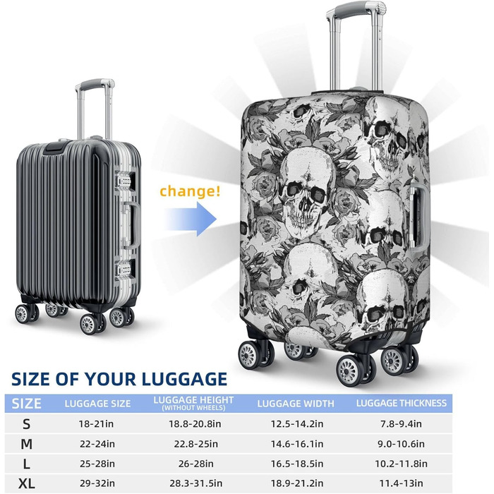 Чохол для валізи BAFAFA з принтом черепа та скелета, захист від подряпин та пилу, еластичний, чорний, розмір 95