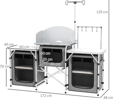 Кухня для кемпінгу Outsunny, складна шафа для кемпінгу з алюмінієвою рамою, підставка для світла, кухня для кемпінгу з відділеннями для зберігання, робоча поверхня, вітрове скло, кухня для подорожей, кухонна шафа для кемпінгу та подорожей на відкритому по