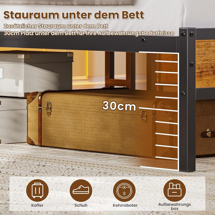 Ліжко 140x200 з металевою рейковою основою, металевий каркас ліжка з розеткою та функцією зарядки через USB, двоспальне ліжко з місцем для зберігання речей, підлогове ліжко, дитяче ліжко, каркас ліжка для спальні та гостьової кімнати (140x200 см)