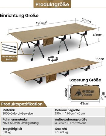 Складане похідне ліжко 19070 см, портативне туристичне ліжко, легке, складне, кемпінгове ліжко до 150 кг для намету, для активного відпочинку на природі, подорожей, саду, офісу, кольору койота коричневого