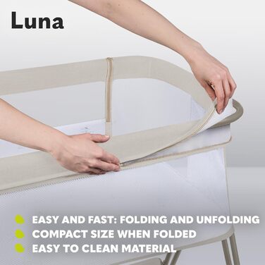 Дитяча тумбочка Lionelo Aurora 3-в-1 для сну від народження до 9 кг, регульована висота та нахил, матрац, 4 колеса, що блокуються, дихаюча, портативна, можна прати, сумка, ремені (світло-бежевий LUNA)