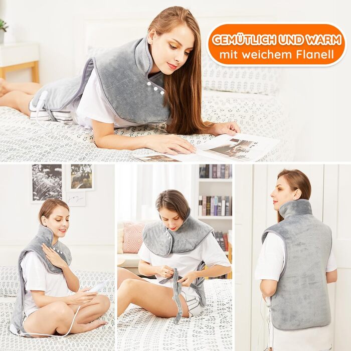 Грілка для спини, плечей та шиї, 60x100 см, з автоматичним вимкненням, швидкий нагрів, з поясним ременем, грілка для спини/грілка для ковдри, 6 налаштувань температури, таймер автоматичного вимкнення, фланелевий матеріал, можна прати, 60x100 см, класичний