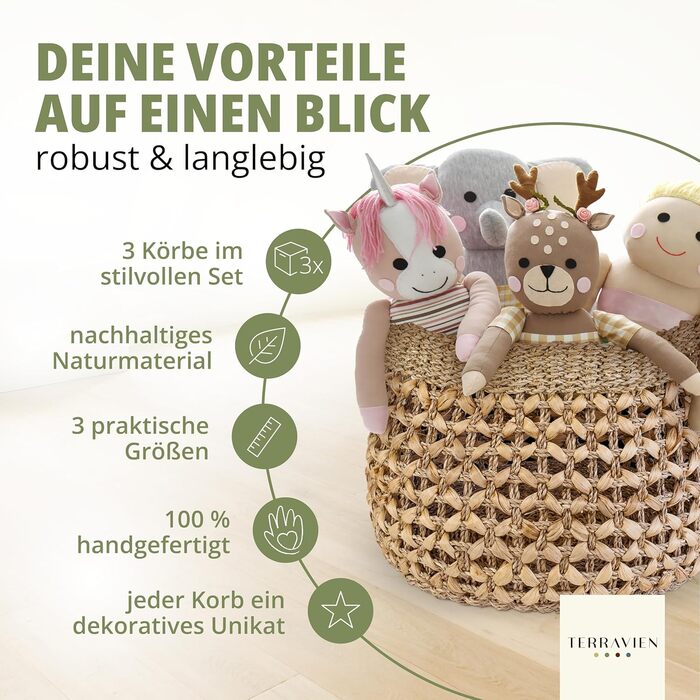 Набір кошиків для зберігання з 3 шт. , ручної роботи з натуральних матеріалів морської трави та водяного гіацинта Плетений кошик Кошик для зберігання для кухні, ванної кімнати, вітальні Штабелювані кошики