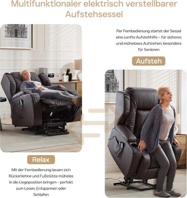 Електрично регульоване крісло для телевізора з функцією відкидання та підйомником, крісло для літніх людей зі штучної шкіри, крісло для телевізора, крісло для кінотеатру з масажем та підігрівом (коричневе, 1 підйомне крісло з консоллю) Коричневе 1 підйомн