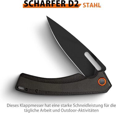 Складаний ніж NedFoss MAMBA, одноручний ніж зі сталі 9CM D2 з рукояткою Micarta, кишеньковий ніж з лайнерним замком та шарикопідши