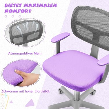 Дитяче крісло COSTWAY з поворотом на 360, регульоване по висоті 80-91,5 см зі спинкою та підлокітниками, комп&39ютерне крісло з 5 колесами для дітей 3-10 років (фіолетове)