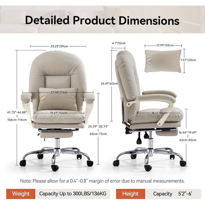Ергономічне офісне крісло EMIAH з підставкою для ніг, регульоване стільце зі штучної шкіри, зручне сучасне косметичне крісло з колесами, миле комп&39ютерне крісло із середньою спинкою для дому, вантажопідйомність до 150 кг, бежева штучна шкіра