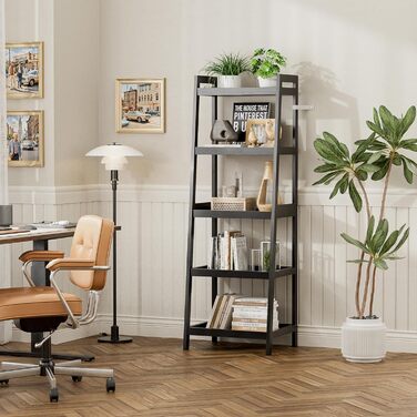 Книжкова полиця, 5-ярусна книжкова полиця-драбина з бамбуковим каркасом, окремостояча висока, вузька полиця для рослин для вітальні, кухні, спальні, балкону, чорна