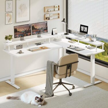 Кутовий письмовий стіл OffiGo, регульована висота, 150x120 см, стіл з регульованою висотою та розеткою, електричний L-подібний стіл з підставкою для монітора, білий 150 x 120 см