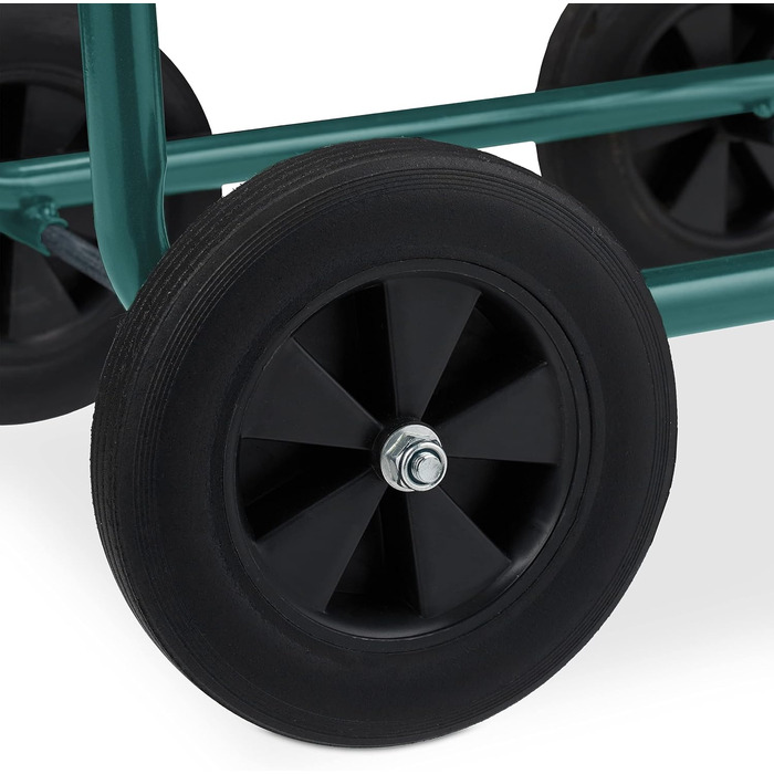 Садовий візок для шланга Relaxdays, до 60 м, 4 суцільні гумові колеса, швидке зєднання, металева бочка для шланга, зелений