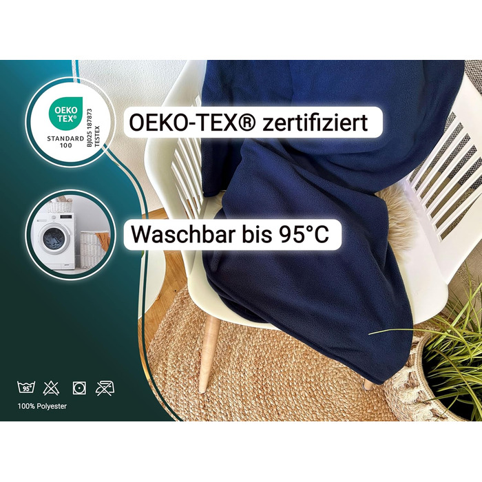 Флісова ковдра ZOLLNER 130x170 см - м&39яка та міцна флісова ковдра - можна прати при температурі до 95C - високоякісна підкладка - антистатичний матеріал - поліестер - темно-синього кольору - сертифікований Oeko-Tex