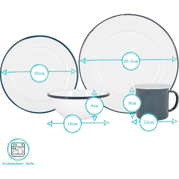 Набір столового посуду Argon Tableware з білою емаллю - 25,5 см - 16 предметів - білий/чорний