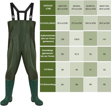 Чоловічі водонепроникні вейдерси, рибальські вейдерси з ПВХ 70D з чобітьми, міцні неопренові вейдерси для риболовлі, водних видів спорту та активного відпочинку, розмір 44/45XL, зелені