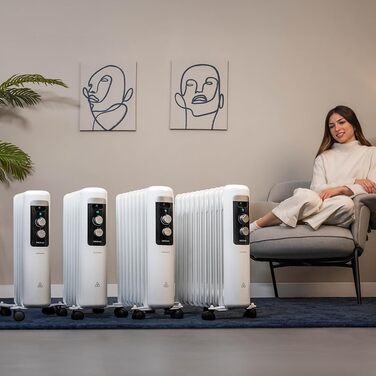 Електричний масляний радіатор Cecotec з низьким енергоспоживанням 7 модулів ReadyWarm 750 Space White. 1500 Вт, 3 рівні потужності, система безпеки та колеса, ідеально підходить для 15 м, білий