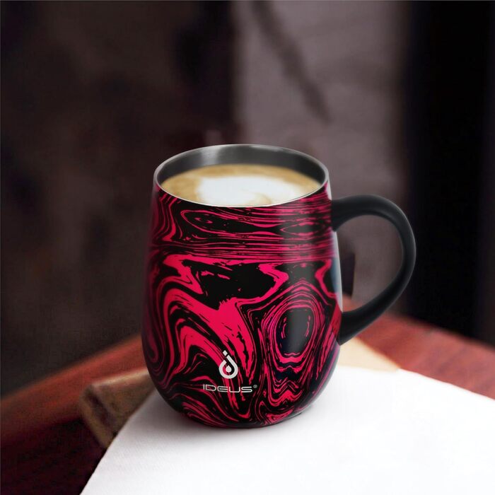 Кавова кружка Ideus 470 мл (16 унцій), двостінна вакуумно-ізольована кружка для кави та чаю з нержавіючої сталі з нековзною ручкою та розсувною кришкою, велика місткість (червона зебра)