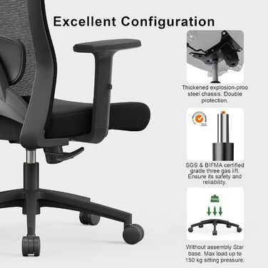 Ергономічне офісне крісло CALIYO Sammy, робоче крісло з регульованим підголівником, підлокітниками, поперековою опорою та функцією гойдання повітропроникне сітчасте поворотне крісло, ігрове крісло, офісне крісло 150 кг, чорне Sammy (чорне)