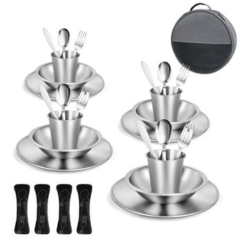 Набір столових приборів для кемпінгу на 4 особи набір кемпінгового посуду зі столовими приборами з нержавіючої сталі, тарілками, мисками та склянками. У комплекті чохол для столових приборів. Портативний набір посуду для активного відпочинку, пікніків та 