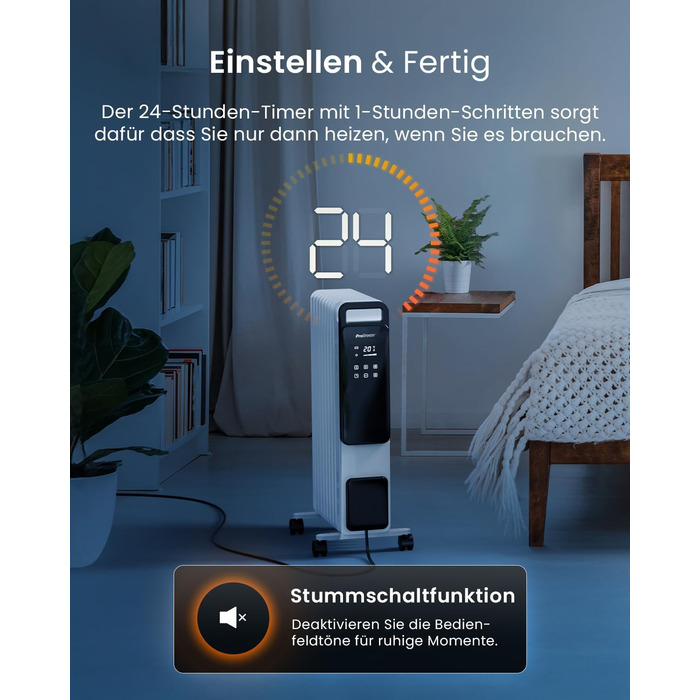 Масляний радіатор Pro Breeze OmniWarm потужністю 2500 Вт з 11 ребрами, електричним нагрівом - енергозберігаючий масляний радіатор, 3 режими нагріву, регульований термостат, 24-годинний таймер, сенсорний дисплей та функція безпечного відключення, білий - н