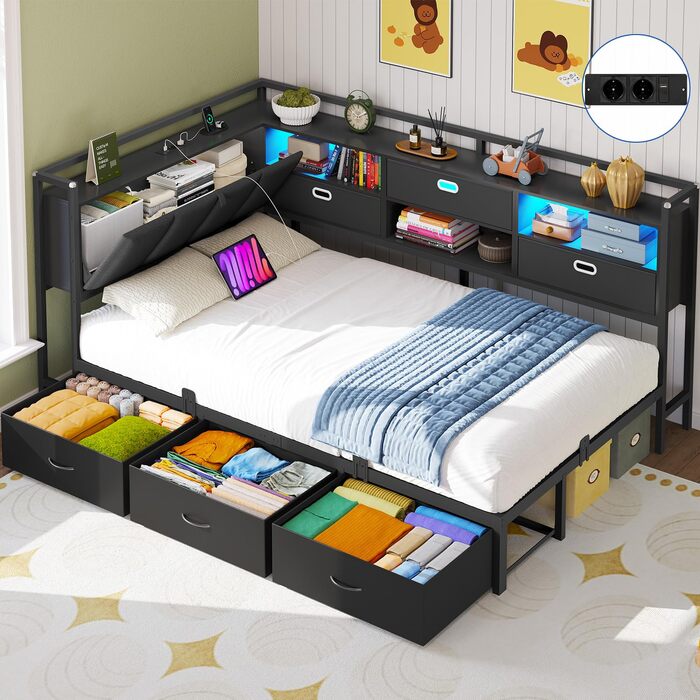 Диван-ліжко зі світлодіодним освітленням та зарядною станцією (2 розетки змінного струму 2 USB-порти), дитяче ліжко 90x200 см з 6 шухлядами, кушетка 90x200 см, м&39яка спинка з прихованим місцем для зберігання речей