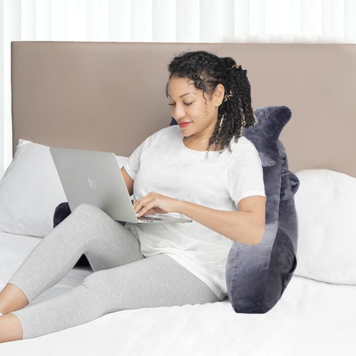 Подушка для читання для сидіння в ліжку або на дивані для дорослих, подушка для спини з кишенями, подушка для спини для дорослих, крісло-ліжко для відпочинку, читання, перегляду телевізора, ігор, темно-сірий