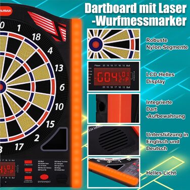 Професійний набір електронних дротиків WIN.MAX з лазерними маркерами лінії кидка/носка з німецьким голосом - підходить для батарейок/адаптерів для 1-8 гравців з 12 дротиками 2025 року - НОВИНКА - бічне освітлення
