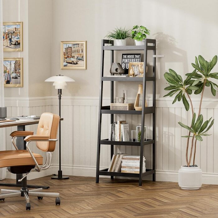 Книжкова полиця, 5-ярусна книжкова полиця-драбина з бамбуковим каркасом, окремостояча висока, вузька полиця для рослин для вітальні, кухні, спальні, балкону, чорна