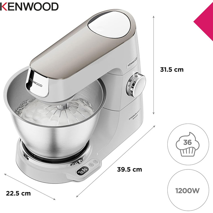 Кухонна машина Kenwood Titanium Chef Baker з вагами, набором для кондитерів (3 предмети) та чашею з нержавіючої сталі 5 л, 1200 Вт, білий (KVC65.001WH)