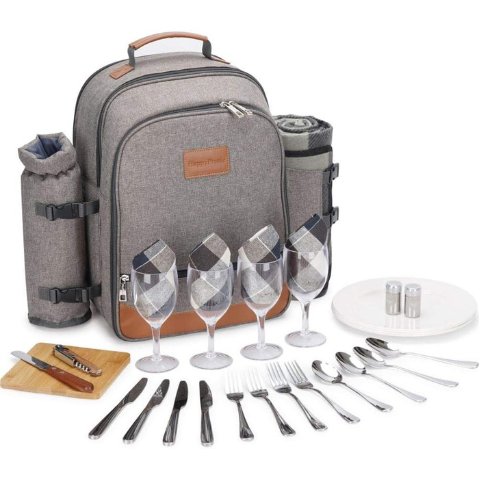 Ізольований пікніковий рюкзак HappyPicnic для 4 осіб з повним набором посуду, містким відділенням-холодильником, тримачами для пляшок та великим водонепроникним килимком для пікніка