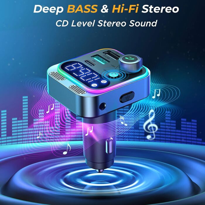 Передавач для автомобіля PD30W 3 0 Подвійний мікрофон HiFi Bass Sound Музичний адаптер FM-передавач сумісний для автомобіля, 5 0 FM-